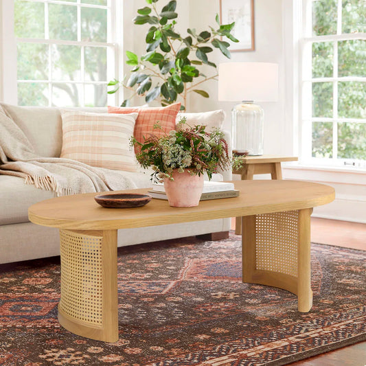 Antowine 48" Oval Solid White Oak Rattan Coffee Table